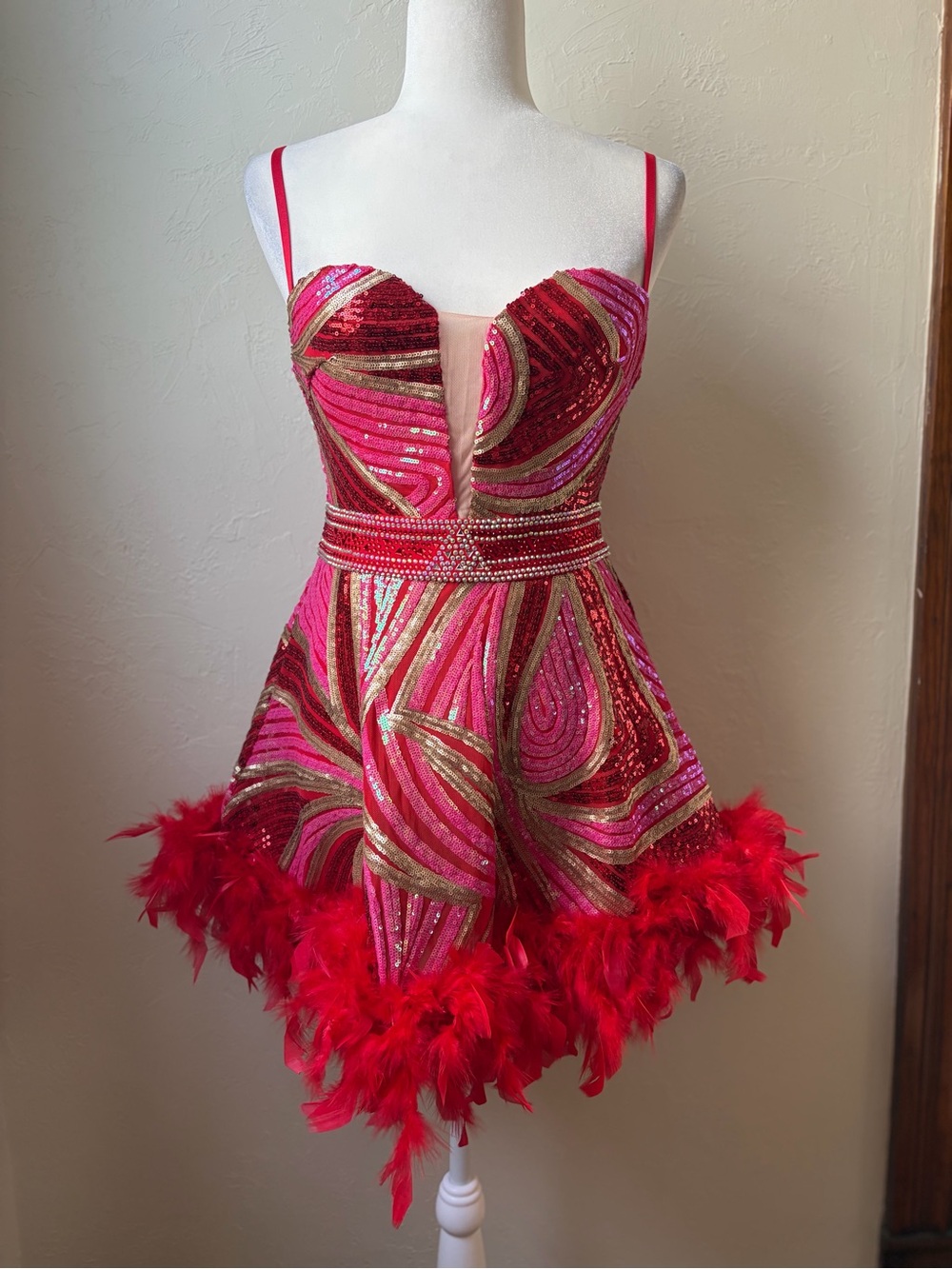 Banjul Sequin Feather Trim Romper Dress Rhinestone Waist Pink Red Gold Small